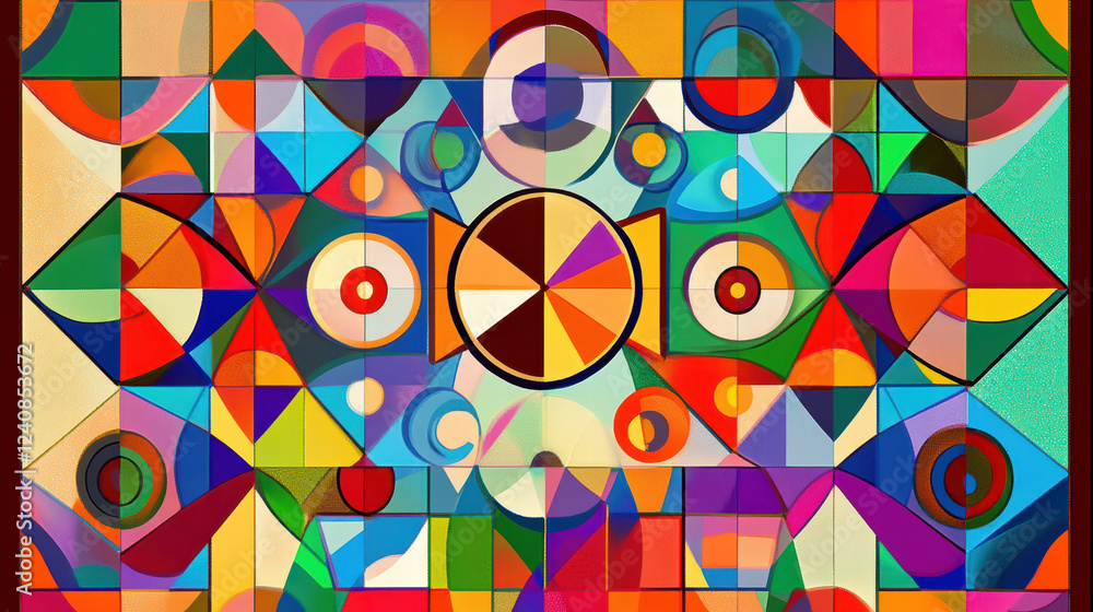 Poster colorful abstract geometric shapes create vibrant grid pattern with central circle, showcasing harmo