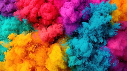 Fototapeta premium A vibrant explosion of colorful powder clouds in shades of pink, blue, orange, and yellow, creating a dynamic and energetic visual effect.