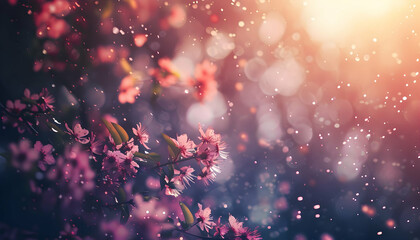 A serene spring scene featuring delicate pink blossoms amidst a dreamy, bokeh background