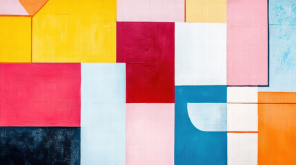 Fototapeta premium Colorful abstract geometric shapes create vibrant grid pattern, showcasing mix of bold colors like yellow, red, pink, and blue. This artwork evokes sense of modern creativity and energy