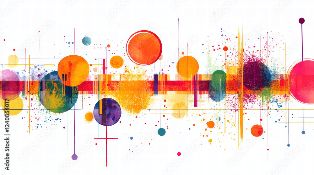 Poster colorful abstract geometric shapes create vibrant grid pattern with circles and splashes, evoking se