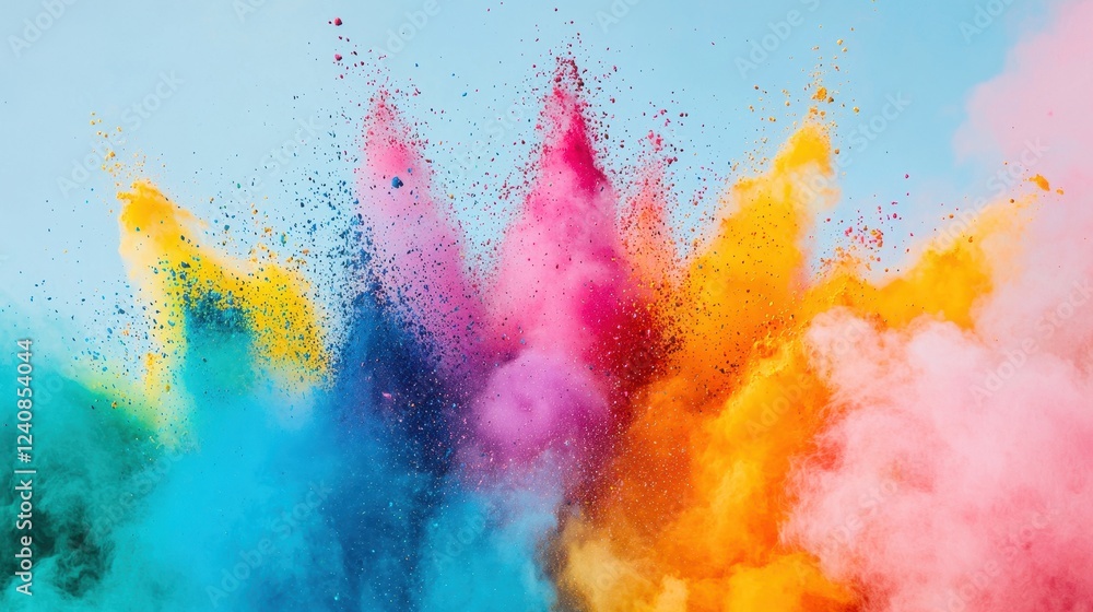 Poster a vibrant explosion of colored powders, creating a stunning visual display against a clear sky.