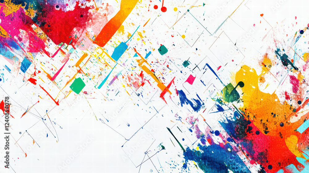 Poster colorful abstract geometric shapes with vibrant splashes and patterns create dynamic visual experien