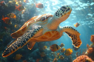 Fototapeta premium Majestic Sea Turtle Swimming Amidst Vibrant Coral Reef Fish