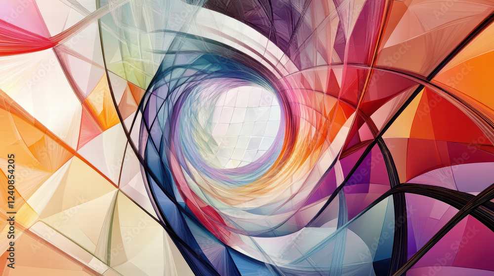Poster colorful abstract geometric shapes create vibrant spiral pattern, showcasing blend of warm and cool 