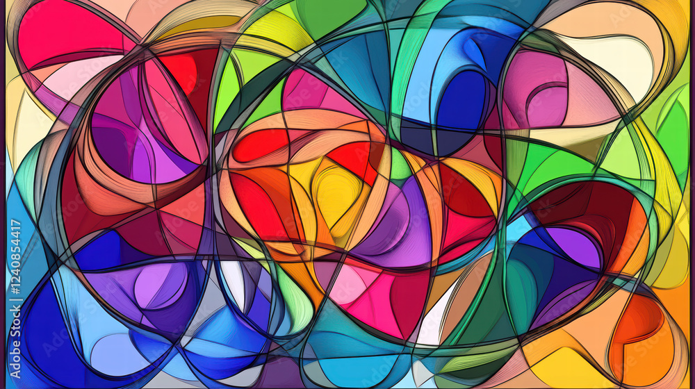 Poster colorful abstract geometric shapes create vibrant grid pattern, showcasing blend of curves and lines