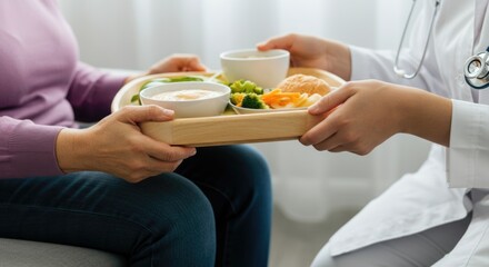 Healthcare worker serving nutritious meal to patient in medical setting