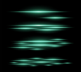 Futuristic green light streaks set. Glowing horizontal laser beams with motion blur on a dark background. Sci-fi energy lines, cyberpunk style, digital speed effects, and modern technology aesthetics.