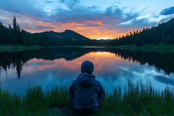 Person enjoying a serene sunset by the lake reflecting vibrant colors in nature's tranquil setting