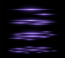 Futuristic purple light streaks set. Glowing horizontal laser beams motion blur on a dark background. Sci-fi energy lines, cyberpunk style, digital speed effects, and modern technology aesthetics.