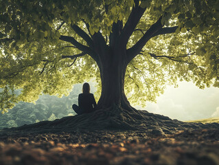 Reflection and solitude under a large tree during a serene morning