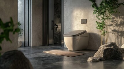 Contemporary gray Zen bathroom featuring a sleek Japanese toilet, clean lines, and natural stone accents