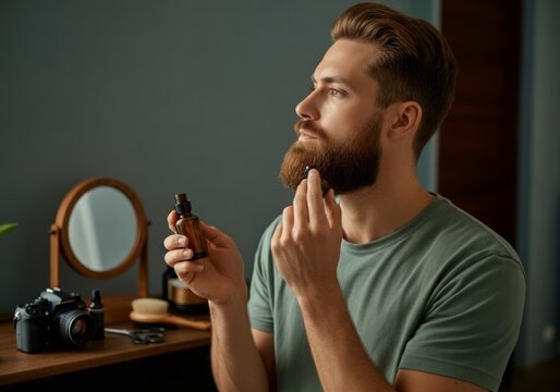 Young Caucasian man grooming beard with beard oil in modern bathroom setting