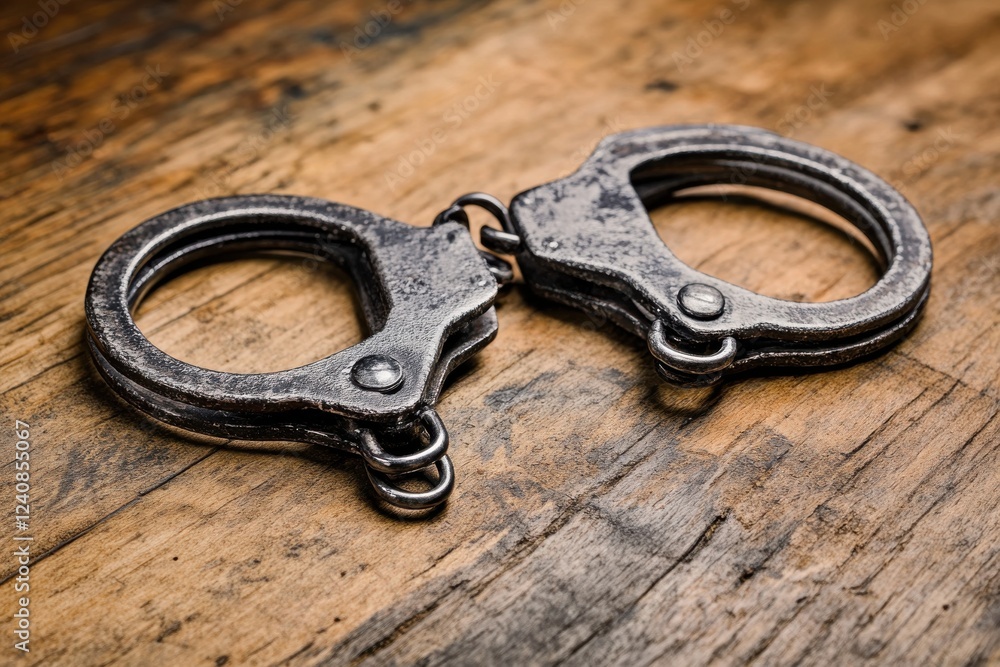 Poster close-up of handcuffs lying open on a wooden table with soft diffused lighting against a neutral bac