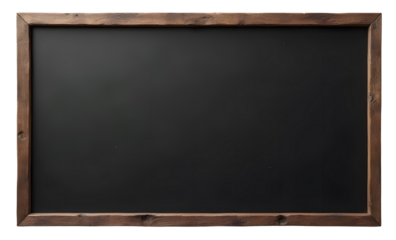 A wooden framed blackboard sign with a clean, blank surface ready for writing. Perfect for cafes, restaurants, or shops. Isolated on transparent background,
