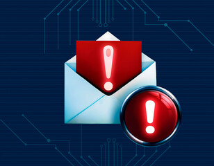3D rendering concept of an envelope with spam email alert icon or dangerous phishing message or computer virus