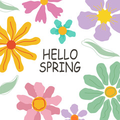 Cute Hello Spring card or horizontal poster for spring holidays with wildflowers, daisies. Hand drawn Floral art template for Easter,, birthday or Mothers Day decor