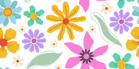 Seamless Pattern with fairy flowers. Creative kids city texture for fabric, wrapping, textile, wallpaper, apparel. Seamless pattern with creative decorative flowers. Spring Background