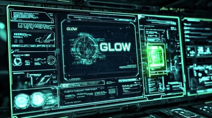 High tech interface with digital promo code GLOW flashing on a screen, glitch effects, dark cyberpunk atmosphere, sharp contrast