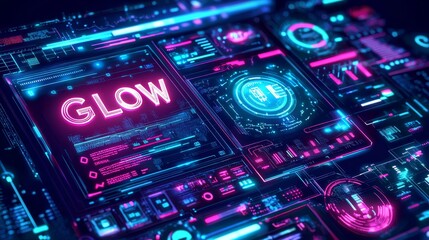Obraz premium High tech interface with digital promo code GLOW flashing on a screen, glitch effects, dark cyberpunk atmosphere, sharp contrast