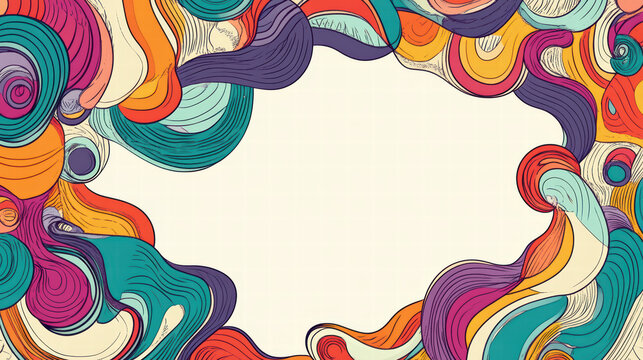 Colorful and abstract doodle shapes create vibrant frame, perfect for artistic designs. swirling patterns in various hues evoke creativity and joy