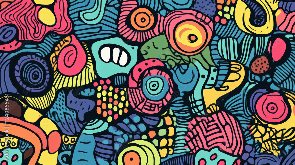 Aufkleber colorful doodle shapes with playful patterns create vibrant abstract design. this artwork features m
