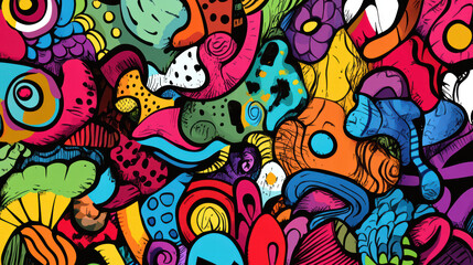 Colorful doodle shapes with playful patterns create vibrant and lively composition, showcasing mix of abstract designs and bright colors that evoke joy and creativity