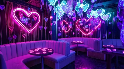 Host a Valentines Love Night with UV reactive neon art, glowing heart stickers for guests, and heart shaped LED seating