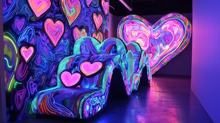 Host a Valentines Love Night with UV reactive neon art, glowing heart stickers for guests, and heart shaped LED seating