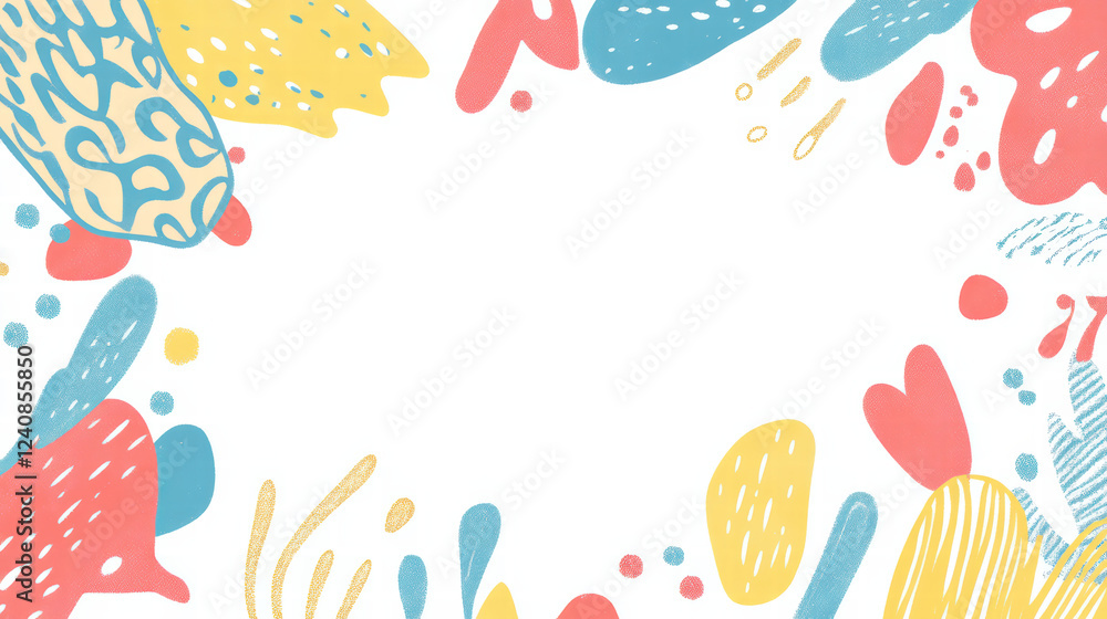 Poster colorful hand drawn doodle shapes filled with patterns create vibrant border around blank space, per