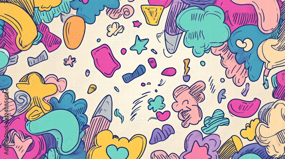 Poster dynamic and colorful doodle shapes creatively arranged in playful design, featuring various whimsica