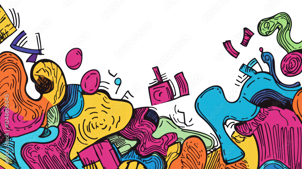 Poster dynamic and colorful doodle shapes creatively arranged, showcasing vibrant patterns and playful desi