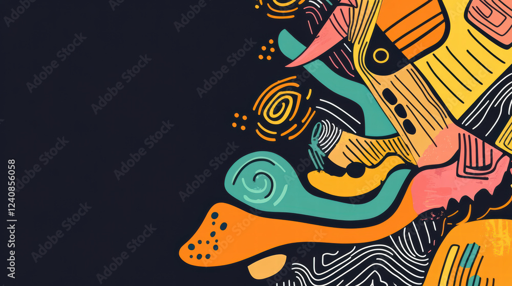 Poster dynamic and colorful doodle shapes creatively arranged on dark background, showcasing vibrant patter
