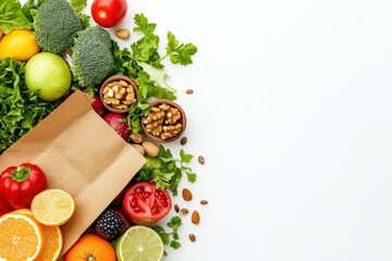 A bag filled with various fruits and vegetables on a white background