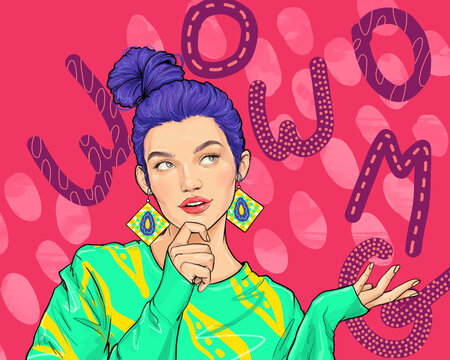 Yong fashion girl holds something. Thinking woman is looking up empty space. Creative person arm on chin wear casual isolated red color background in comic style. Wow

