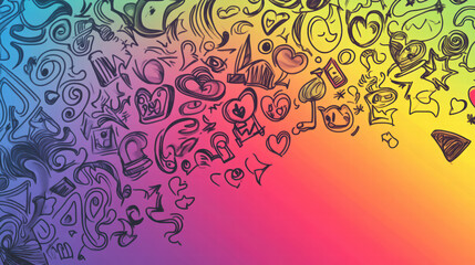 Fun and quirky doodle shapes in rainbow of colors create vibrant and playful atmosphere. whimsical designs include hearts, stars, and smiley faces, evoking joy and creativity