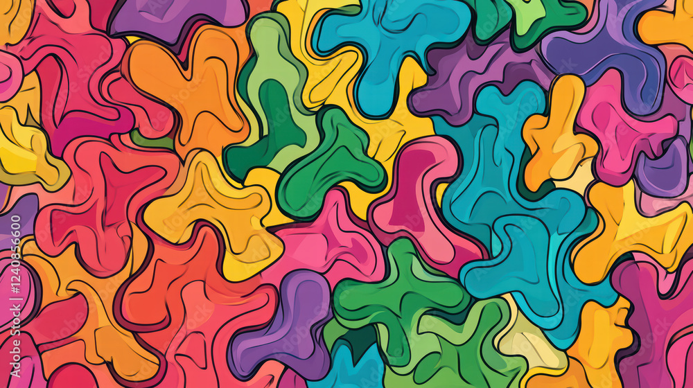 Poster colorful abstract shapes create vibrant and playful pattern, showcasing spectrum of colors including