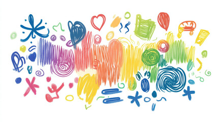 Obraz premium Colorful doodles and abstract shapes create vibrant spectrum of creativity, featuring swirls, hearts, and playful designs that evoke joy and imagination