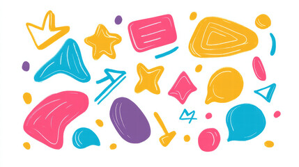 Colorful doodle shapes in vibrant hues, including stars, arrows, and speech bubbles, create playful and energetic design. This fun illustration is perfect for creative projects