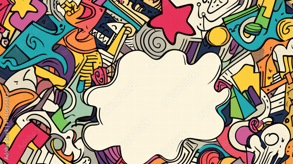 Poster colorful doodle shapes create vibrant background with blank center, perfect for adding text or graph
