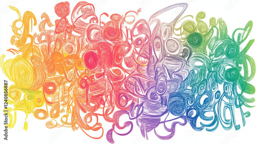 Poster colorful abstract doodle shapes create vibrant spectrum of swirling lines and forms, evoking sense o