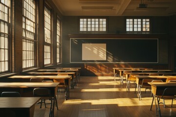 An empty classroom featuring tables, chairs, and a blackboard
