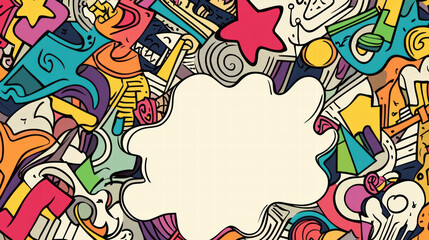 Colorful doodle shapes create vibrant background with blank center, perfect for adding text or graphics. playful design features various abstract elements in spectrum of colors