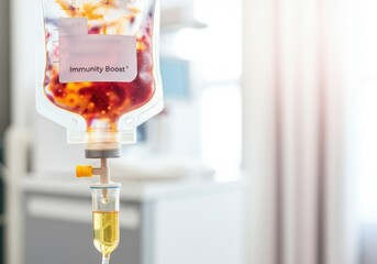 Close-up of immunity boost iv drip bag with nutrient solution in medical setting