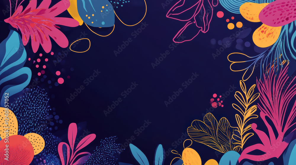 Poster vibrant floral doodle design with intricate shapes and colorful elements on dark background, creatin
