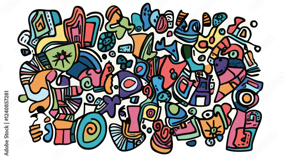 Poster whimsical doodle shapes in vibrant colors create playful and artistic composition. this abstract des