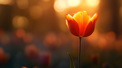 Single orange tulip stands tall in golden sunset light against a backdrop of flowers