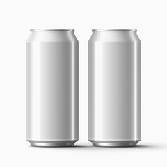 Two empty aluminum beverage cans ready for design or branding, isolated on a white background for commercial use and mockup applications