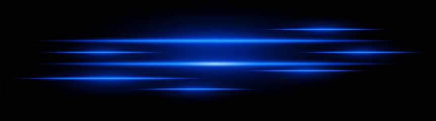 Multiple horizontal blue light beams glowing on black background. Abstract digital energy effect. Futuristic speed and technology concept for design and wallpaper