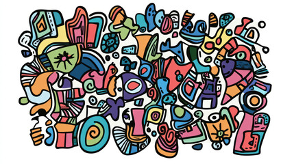 Whimsical doodle shapes in vibrant colors create playful and artistic composition. This abstract design features variety of forms and patterns, evoking creativity and joy
